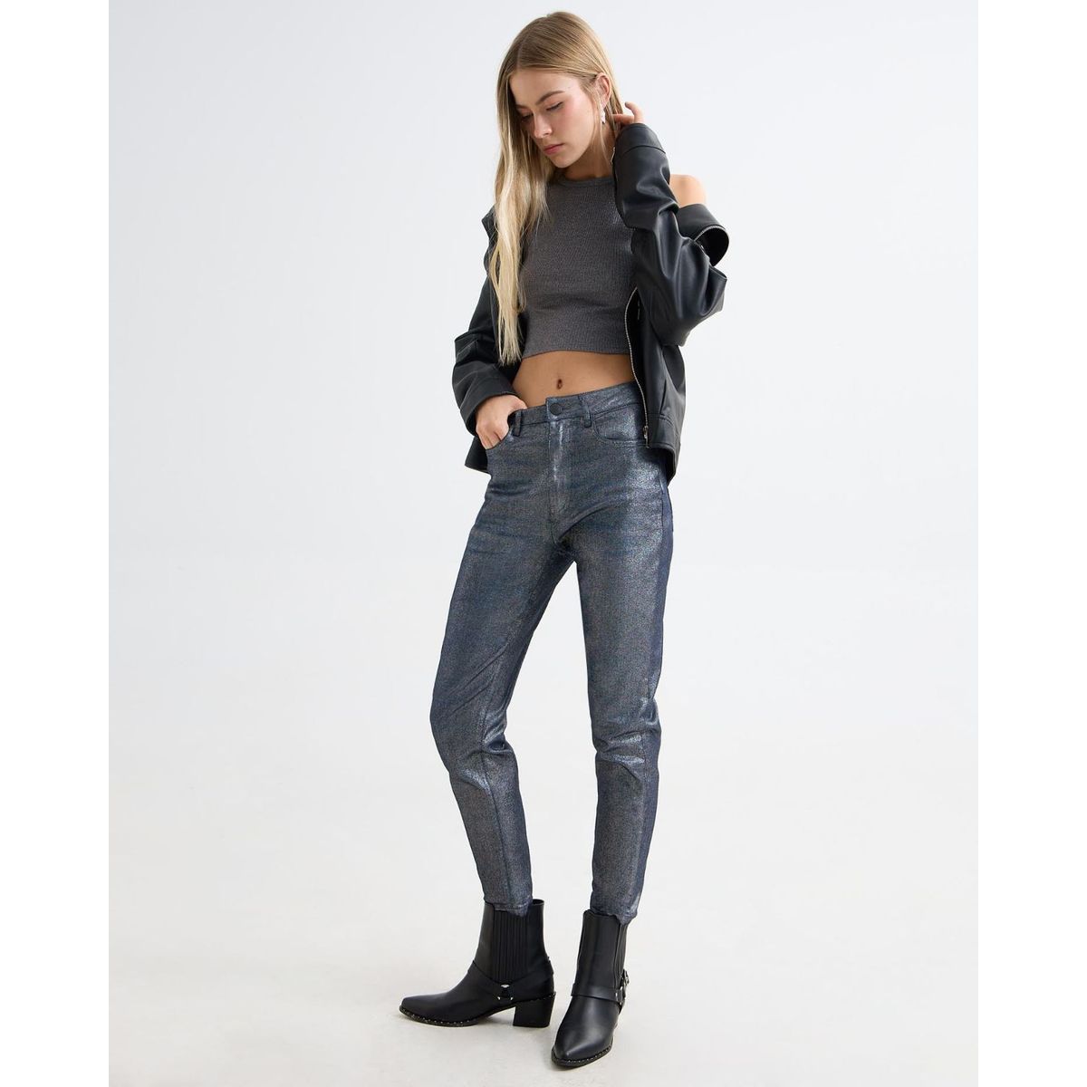 SEVEN SEVEN - Jeans Mom Con Foil Plateado  Para Mujer Gris Seven Seven