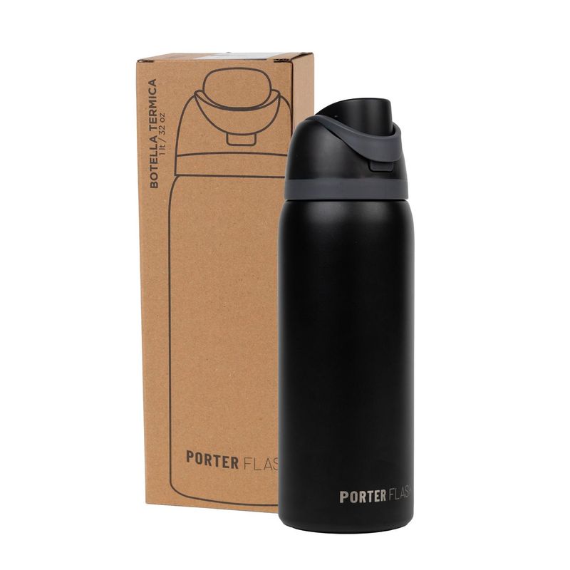 LINKON - Botella Termica Termo Agua 1lt Porter Flask Acero Inoxidable - Negro