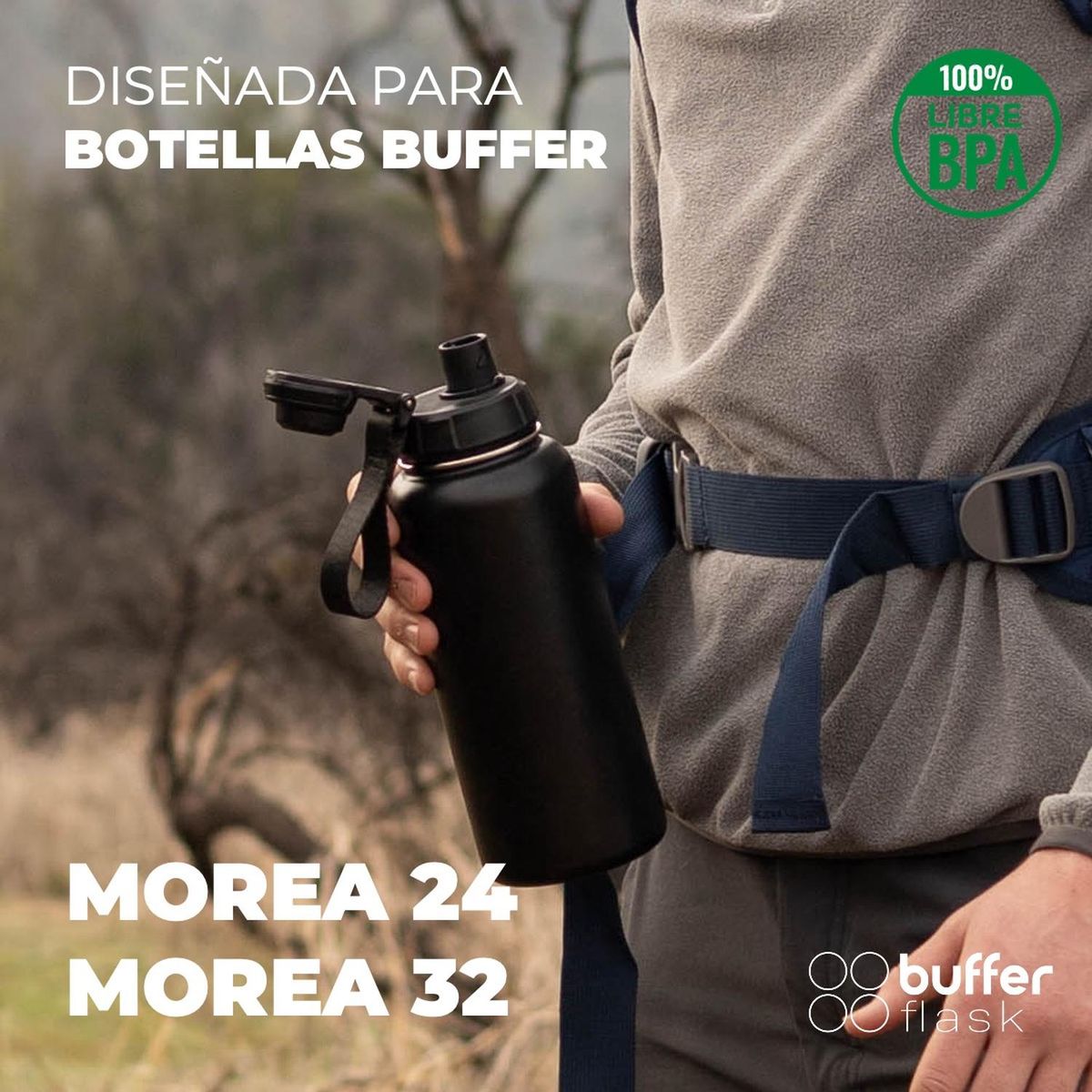 BUFFER FLASK - Tapa Botella Termica Termo Buffer Modelo Morea 24 y 32 - Negro