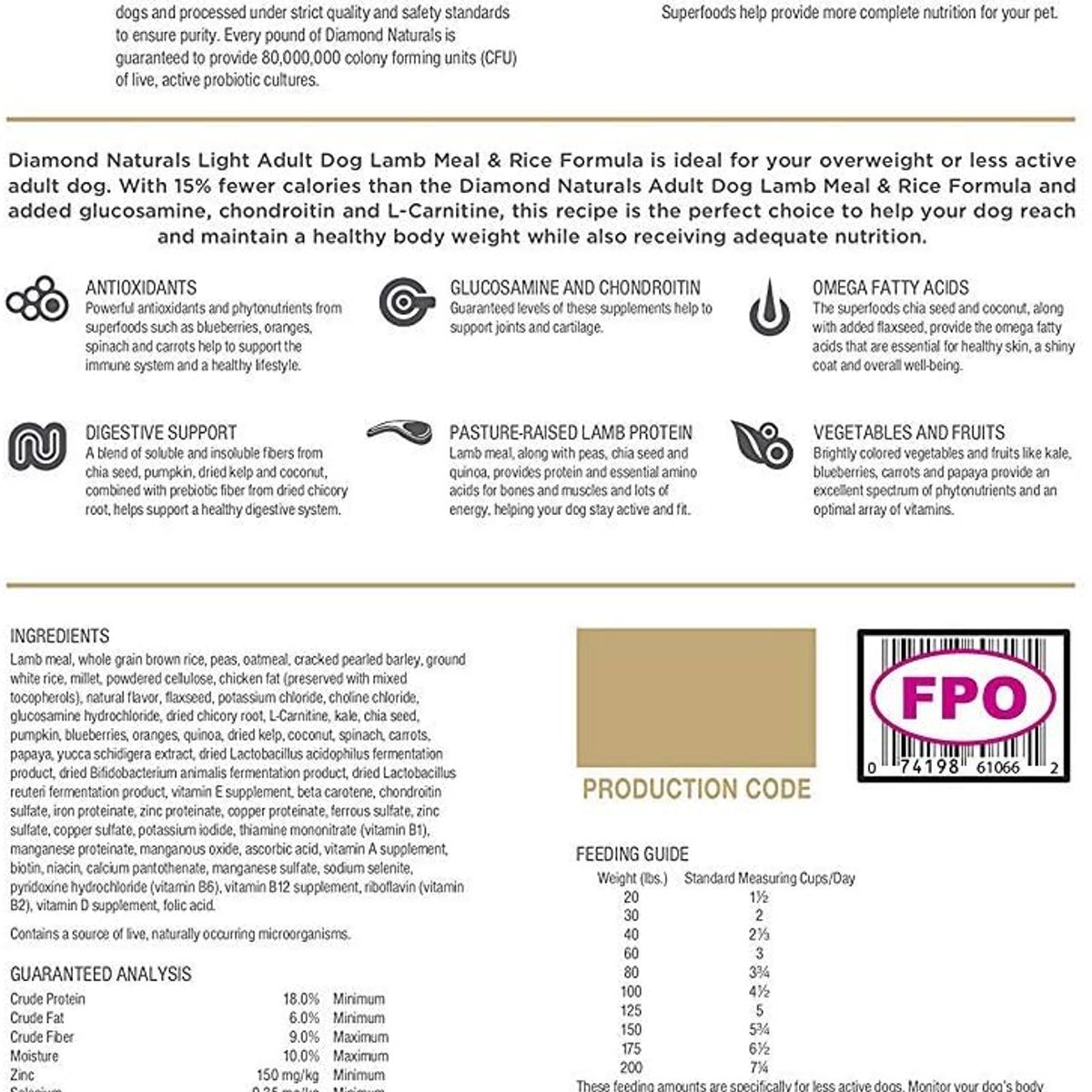 DIAMOND NATURALS - Diamond Lite Dogs Light Obesity Lamb Rice 15lb