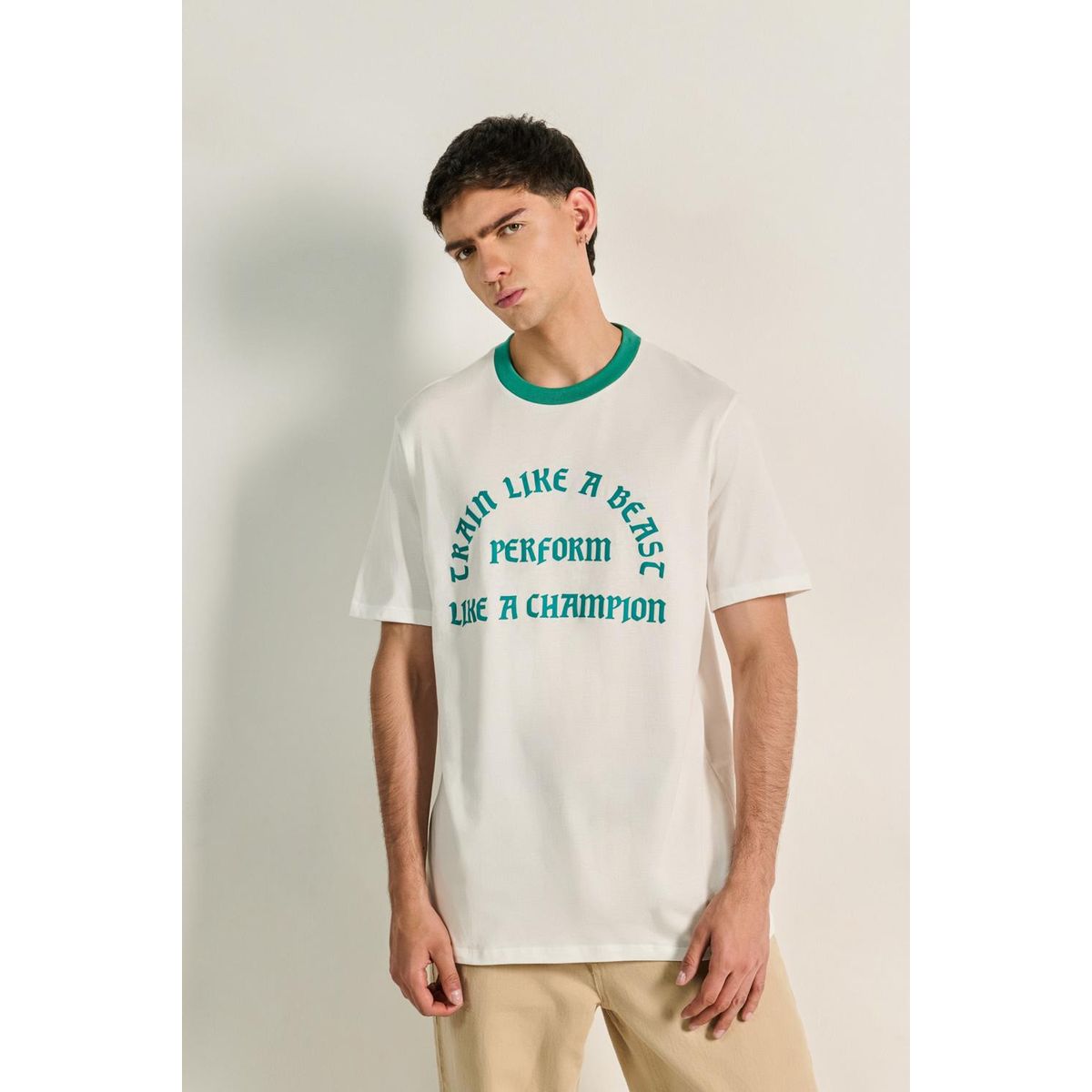KOAJ - KOAJ Camiseta crema estampada manga corta con contrastes Hombre