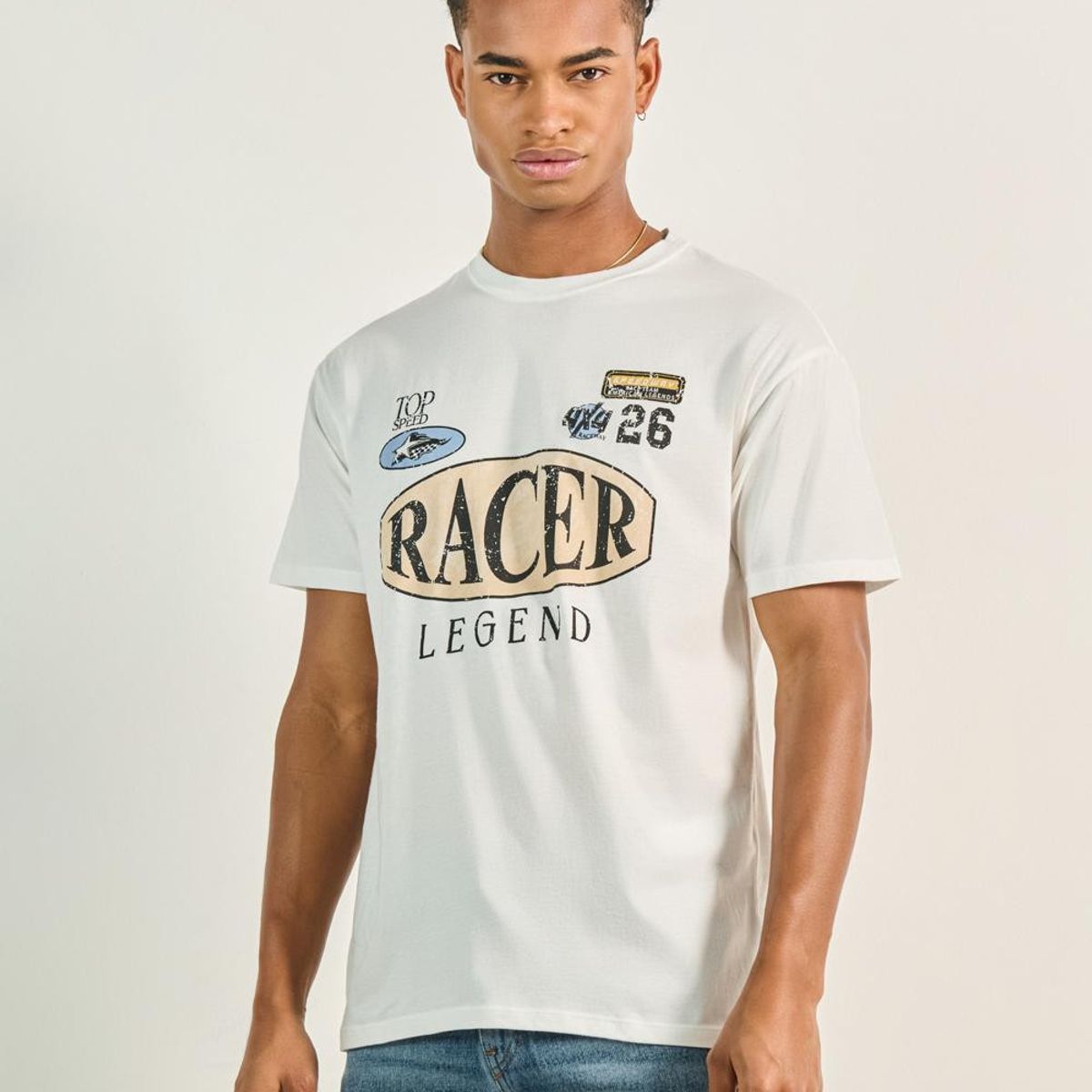 KOAJ - KOAJ Camiseta crema clara con estampado racer y cuello redo Hombre