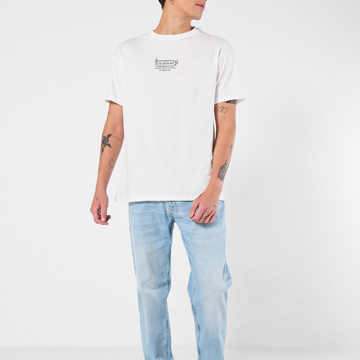 KOAJ - KOAJ Camiseta crema clara manga corta con diseños artísticos Hombre