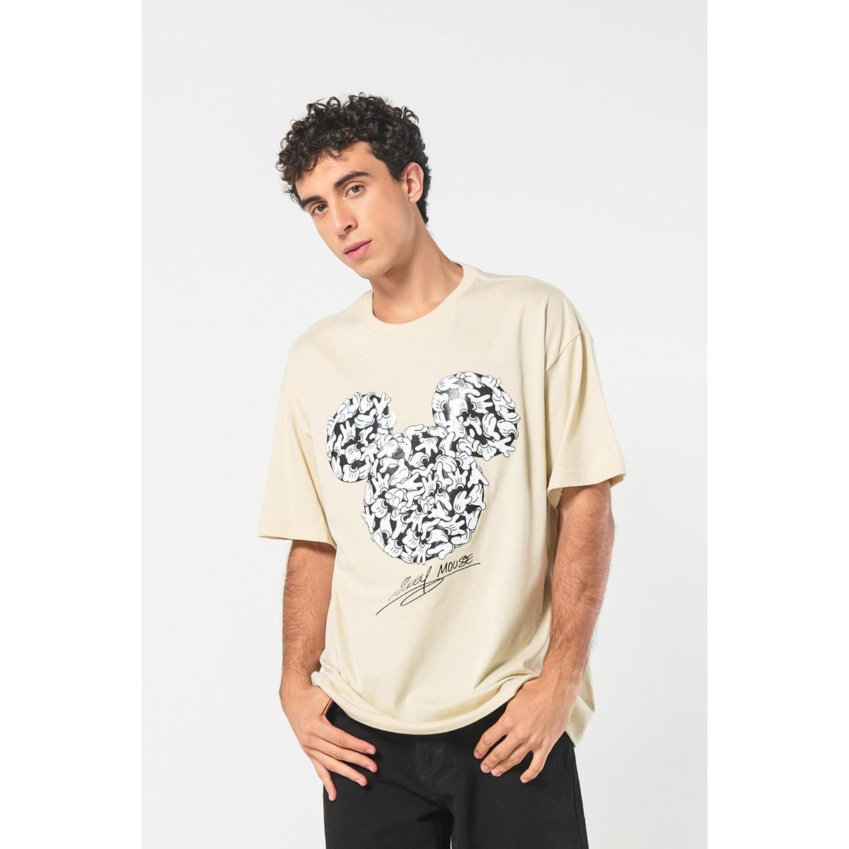 KOAJ - KOAJ Camiseta kaki oversize manga corta con arte de Mickey Hombre