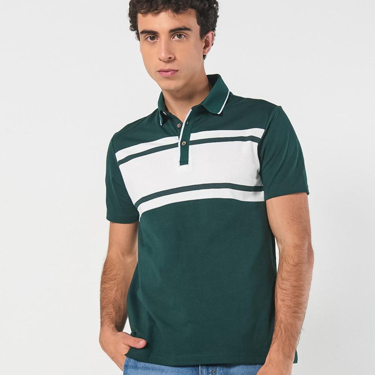 KOAJ - KOAJ Camiseta polo verde oscura con franjas blancas y manga  Hombre