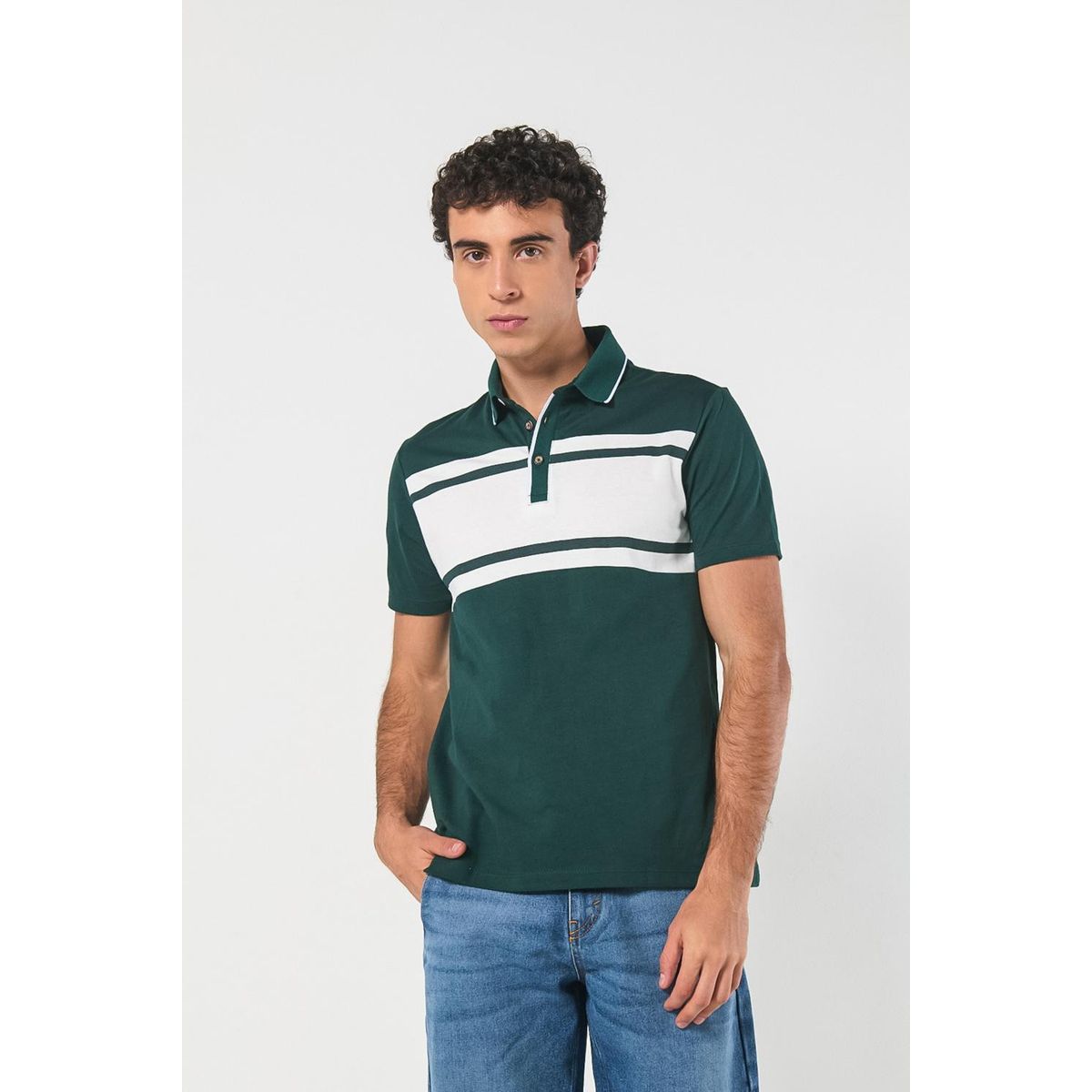 KOAJ - KOAJ Camiseta polo verde oscura con franjas blancas y manga  Hombre