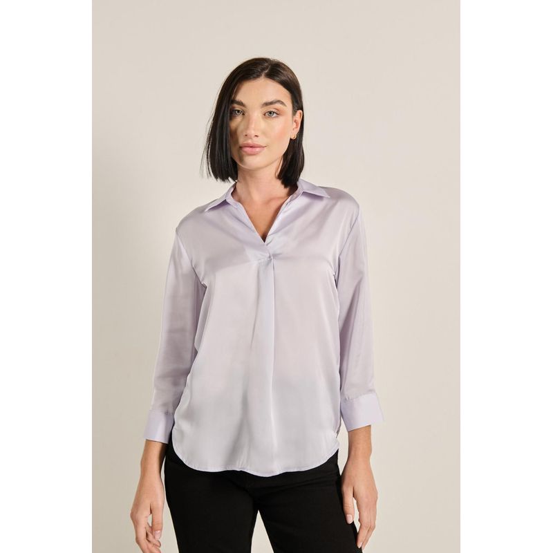 KOAJ - KOAJ Blusa unicolor con manga 3/4, cuello camisero y prense de MUJER