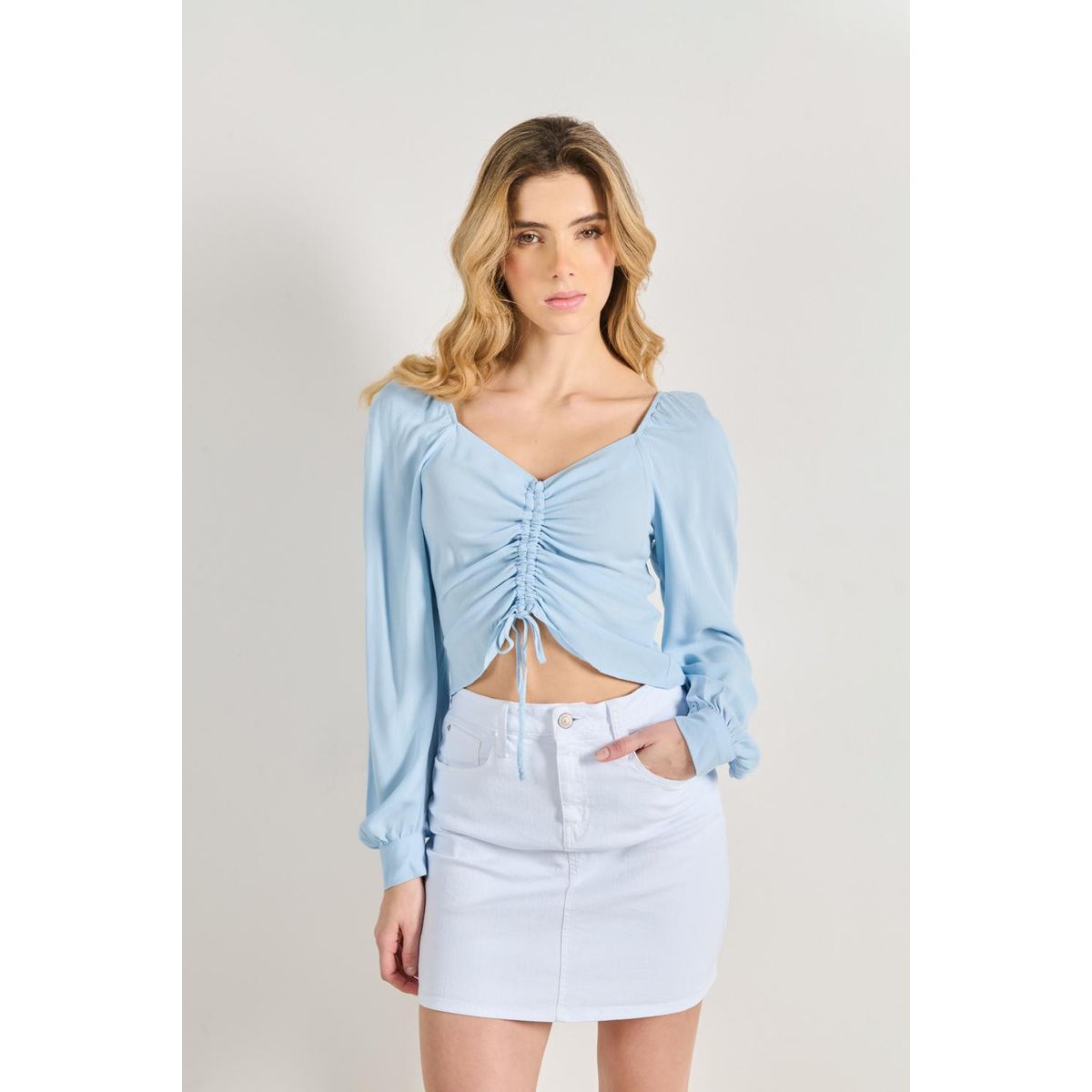 KOAJ - KOAJ Blusa azul clara manga larga con recogido y escotes Mujer