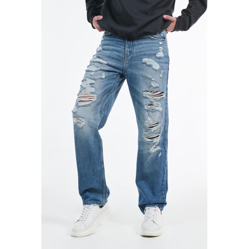 KOAJ - KOAJ Jean azul oscuro 90´S con rotos en frente y bota ancha re HOMBRE
