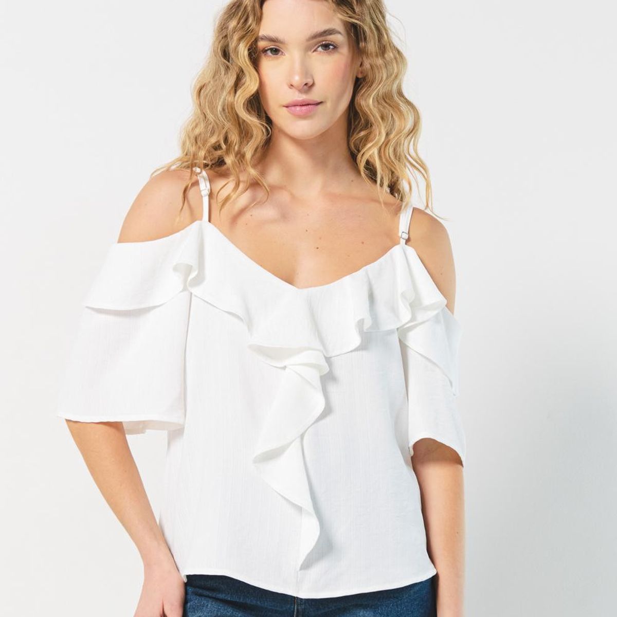KOAJ - KOAJ Blusa unicolor con golas, manga 3/4 y hombros descubier Mujer