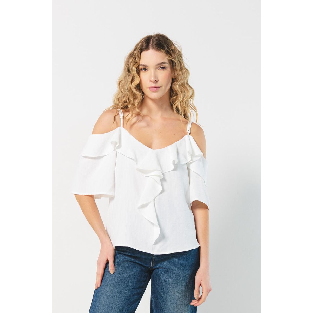 KOAJ - KOAJ Blusa unicolor con golas, manga 3/4 y hombros descubier Mujer