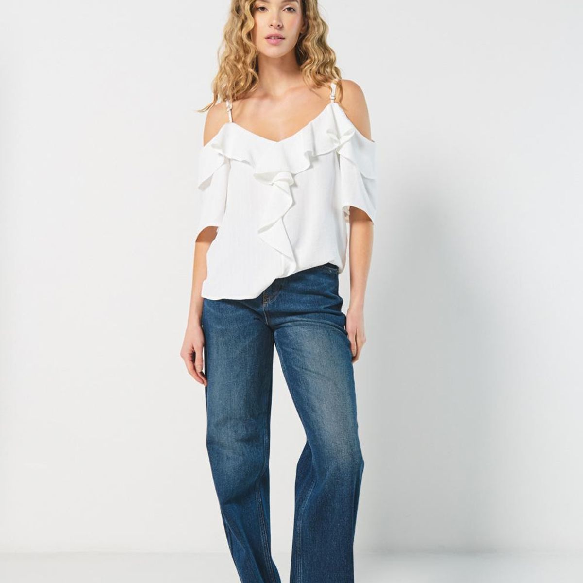 KOAJ - KOAJ Blusa unicolor con golas, manga 3/4 y hombros descubier Mujer