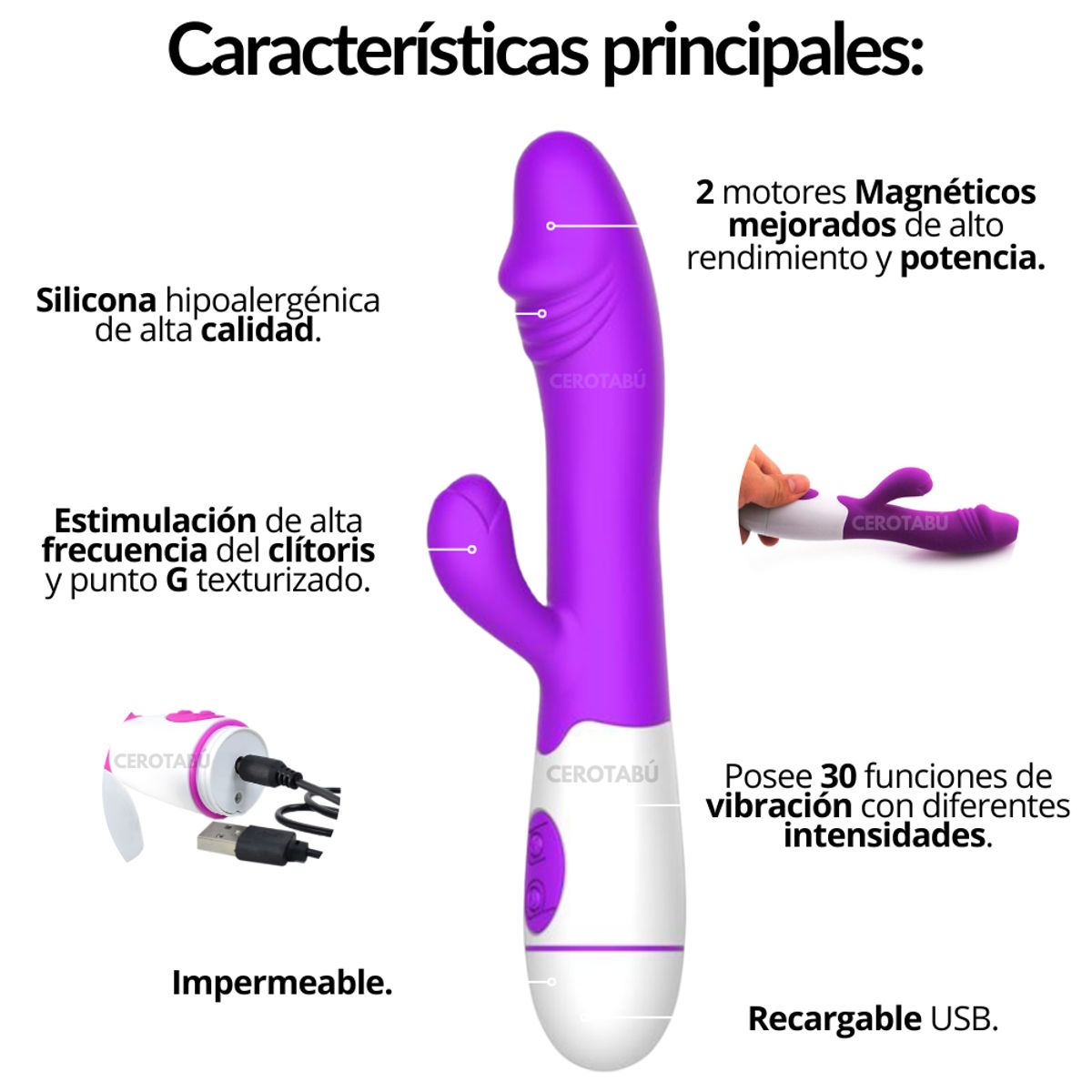 GENERICO - Vibrador Doble Estimulación Clítoris Punto G Recargable Fucsia
