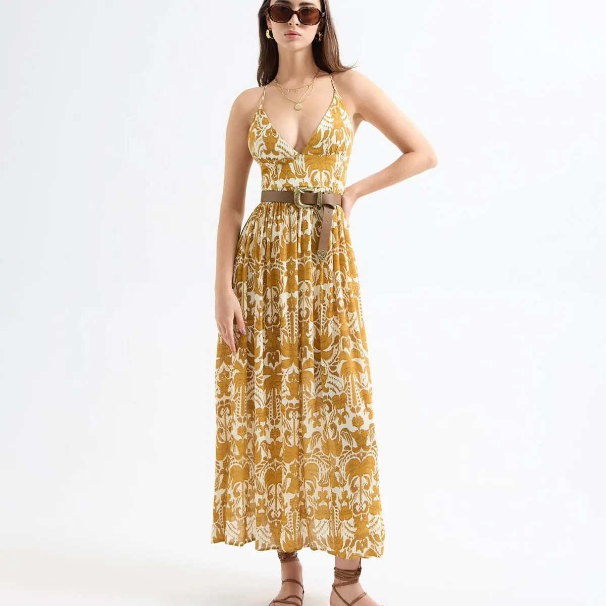 SEVEN SEVEN - Vestido Maxi Estampado Tribales  Para Mujer Mostaza Seven Seven