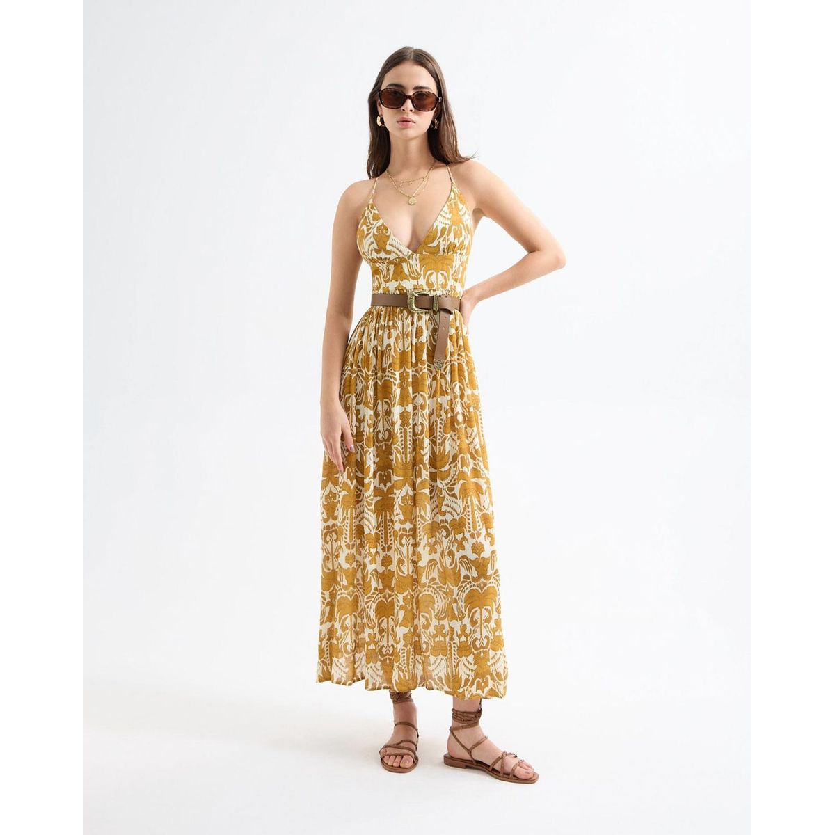 SEVEN SEVEN - Vestido Maxi Estampado Tribales  Para Mujer Mostaza Seven Seven