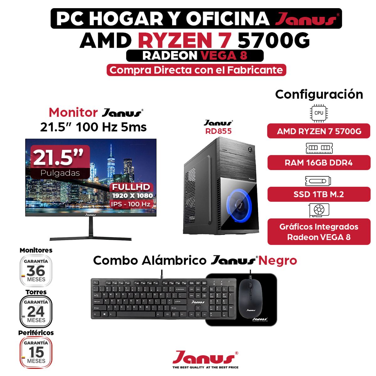 JANUS - Computador PC AMD Ryzen 7 5700G RAM 16GB SSD 1TB Monitor 22 Pulgadas 100Hz