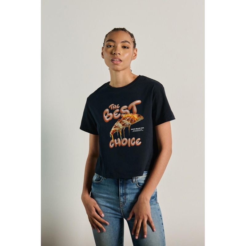 KOAJ - KOAJ Camiseta crop top manga corta con estamapado de pizza MUJER