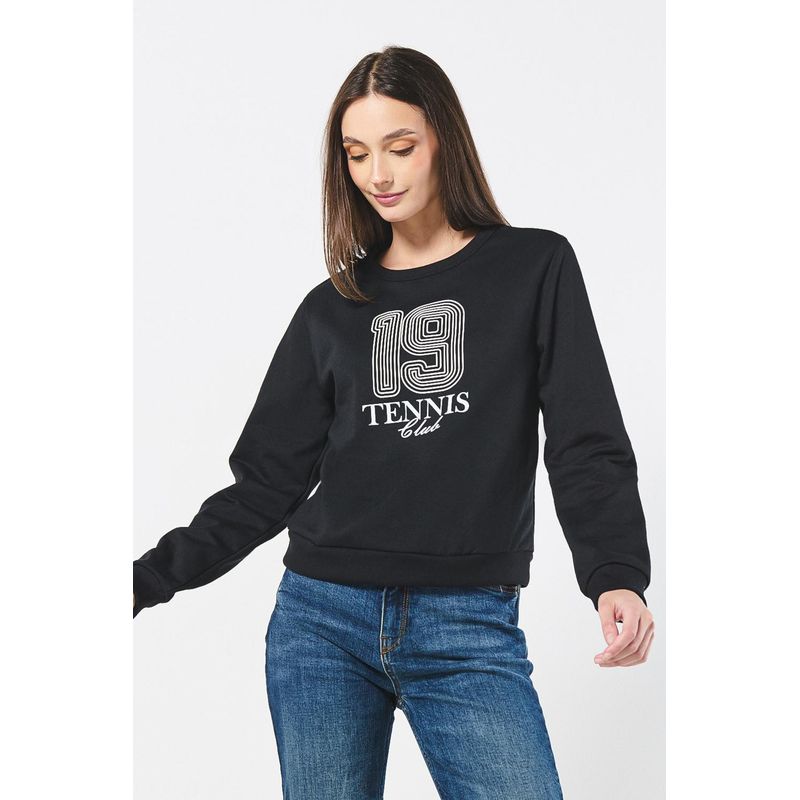 KOAJ - KOAJ Buzo negro con cuello redondo y diseño college deportivo MUJER