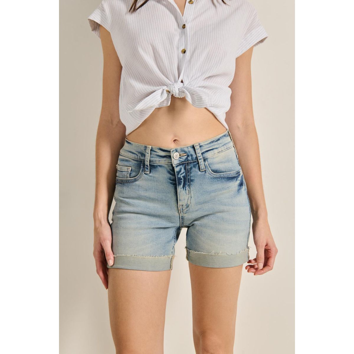 KOAJ - KOAJ Short tiro medio en jean azul con desgastes y bolsillo Mujer