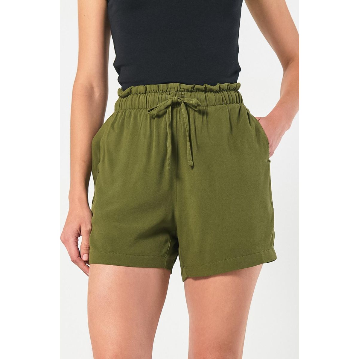 KOAJ - KOAJ Short en tela tiro alto verde oscuro con cordón en cin Mujer