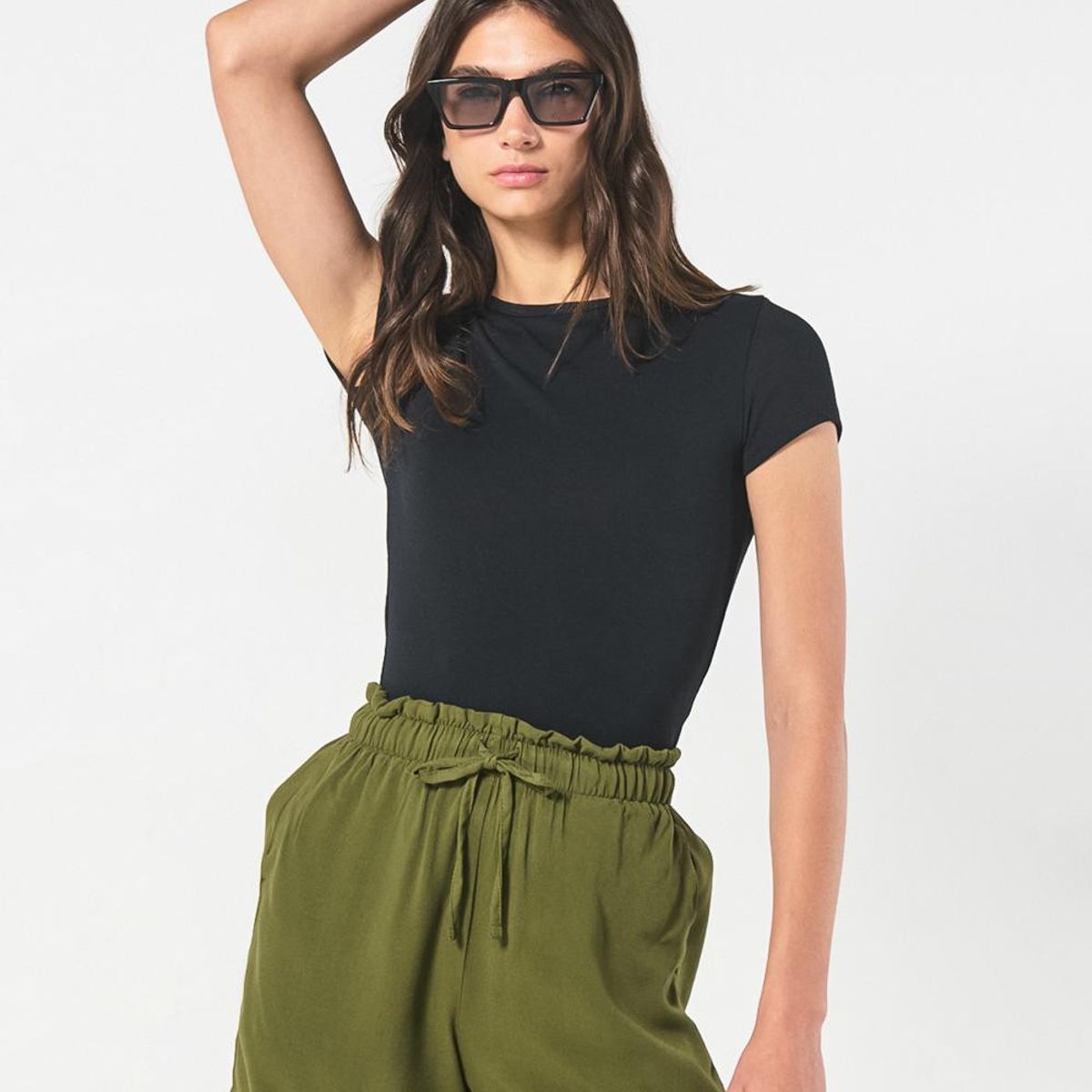 KOAJ - KOAJ Short en tela tiro alto verde oscuro con cordón en cin Mujer