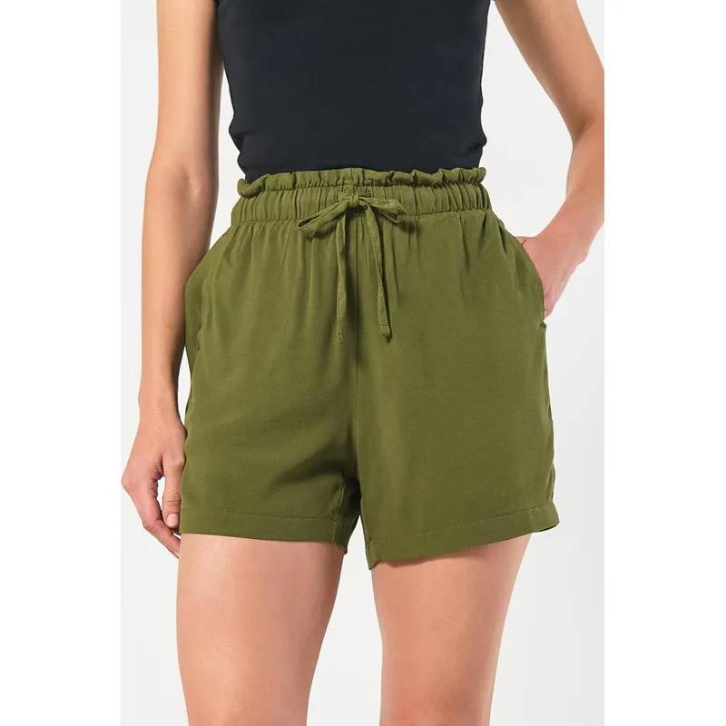KOAJ - KOAJ Short en tela tiro alto verde oscuro con cordón en cint Short en tela tiro alto verde oscuro con cordón en cint Mujer