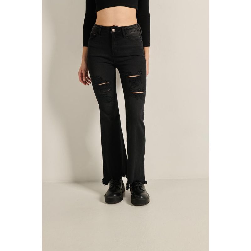 KOAJ - KOAJ Jean negro tipo flare para mujer cuenta con tiro alto, de MUJER