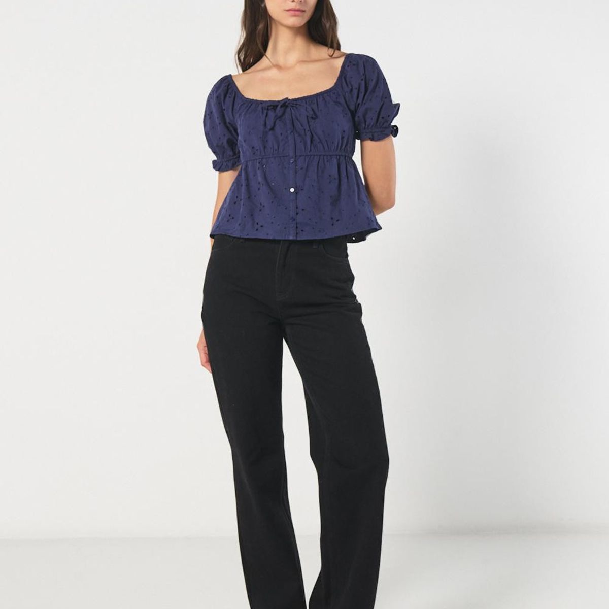 KOAJ - KOAJ BLUSA MANGA AGLOBADA CORTA, CON RECOGIDO EN CINTURA. Mujer