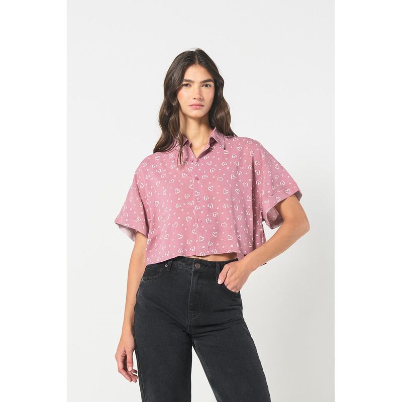 KOAJ - KOAJ Blusa crop top rosada manga corta con diseños de corazone MUJER