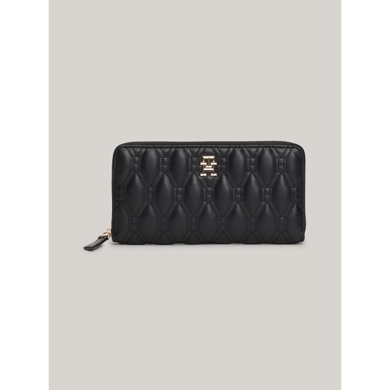 TOMMY HILFIGER - Billetera negra de cuero acolchada con cremallera Tommy Hilfiger