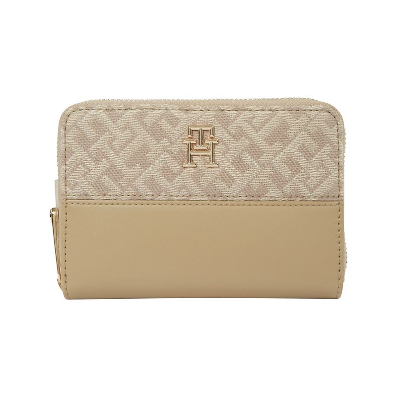 TOMMY HILFIGER - Billetera beige TH jacquard mediana con cremallera Tommy Hilfiger