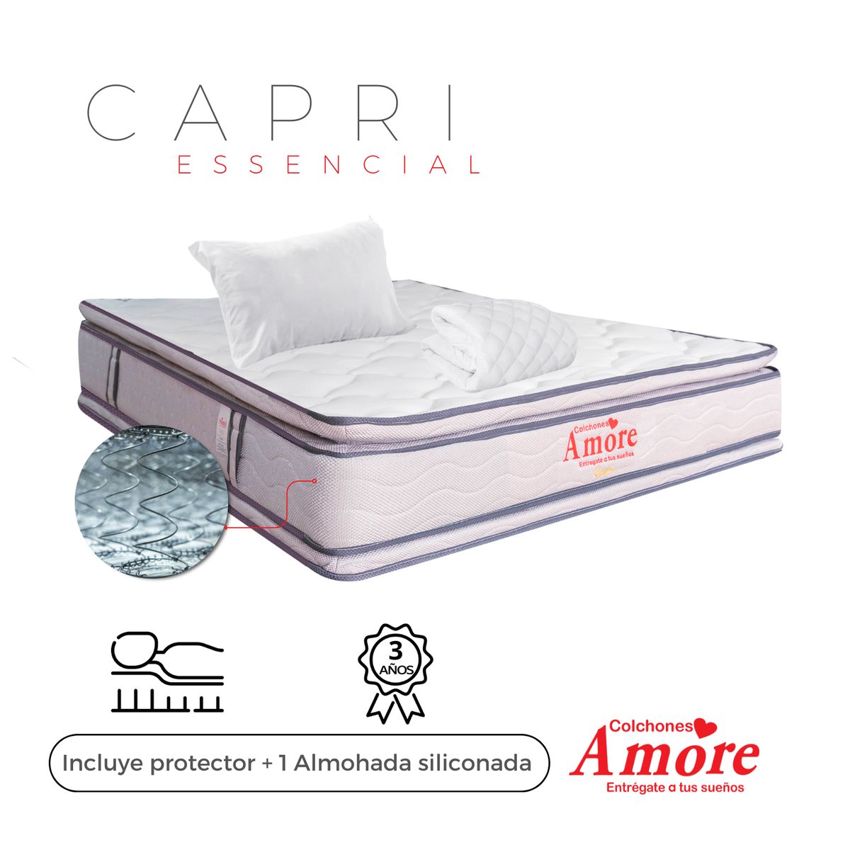 COLCHONES AMORE - Colchón Capri Sencillo Firmeza Media Ortopédico+Pilow 100x190cm +Almohada+Protector Colchones Amore.