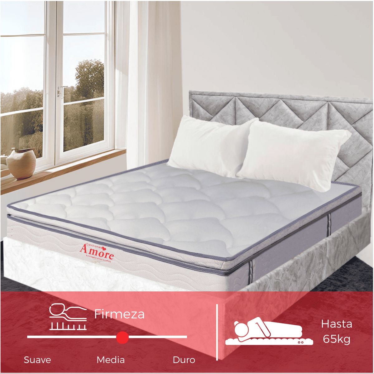 COLCHONES AMORE - Colchón Capri Sencillo Firmeza Media Ortopédico+Pilow 100x190cm +Almohada+Protector Colchones Amore.