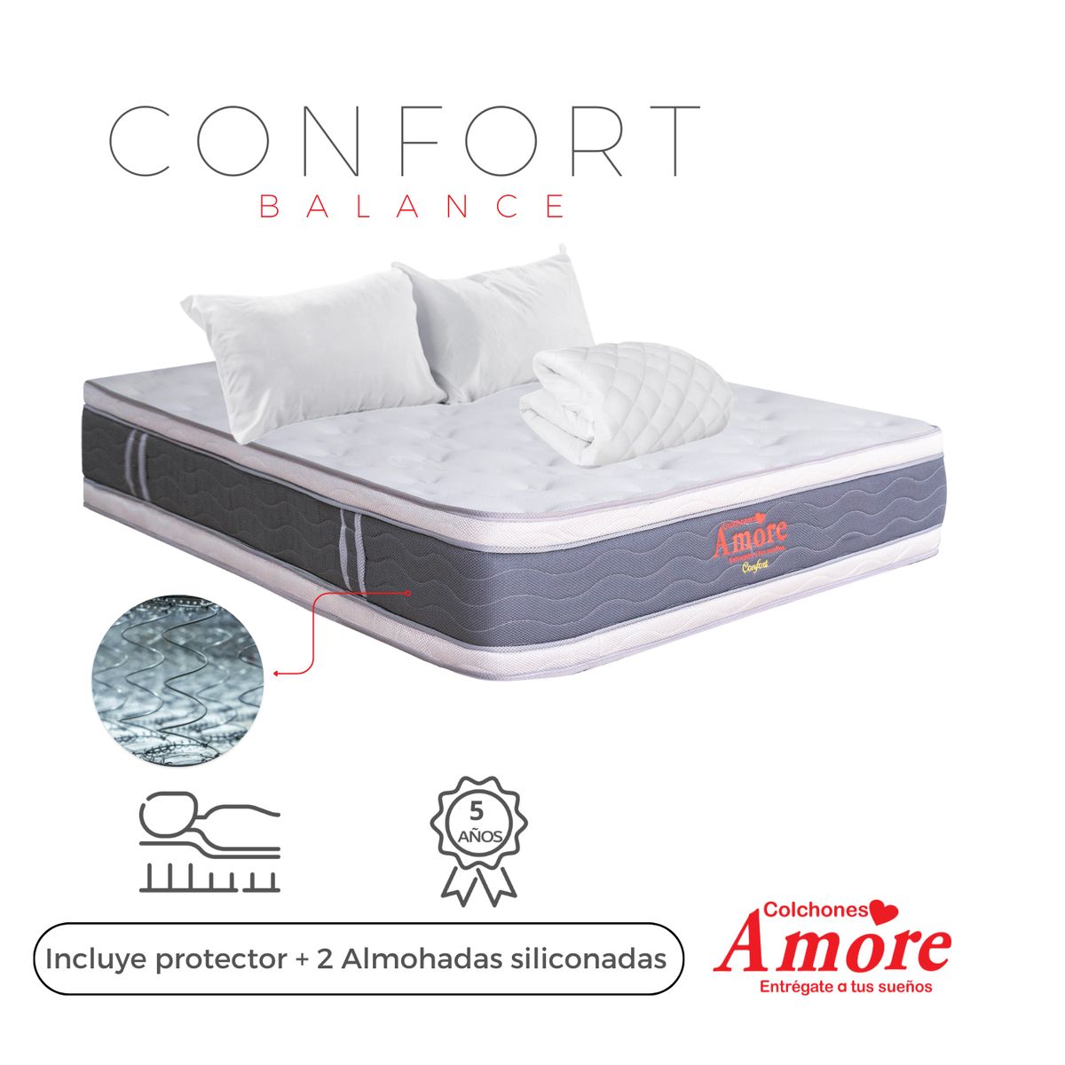 COLCHONES AMORE - Colchón ConfortQueenFirmezaMediaSuperOrtopédico+Pillow160x190cm+Almohadas+Protector Colchones Amore.
