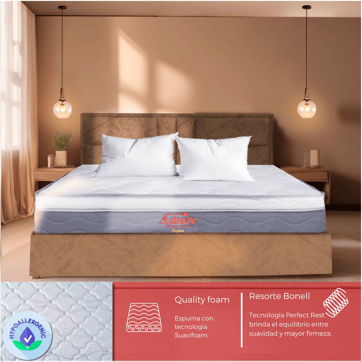 COLCHONES AMORE - Colchón ConfortQueenFirmezaMediaSuperOrtopédico+Pillow160x190cm+Almohadas+Protector Colchones Amore.