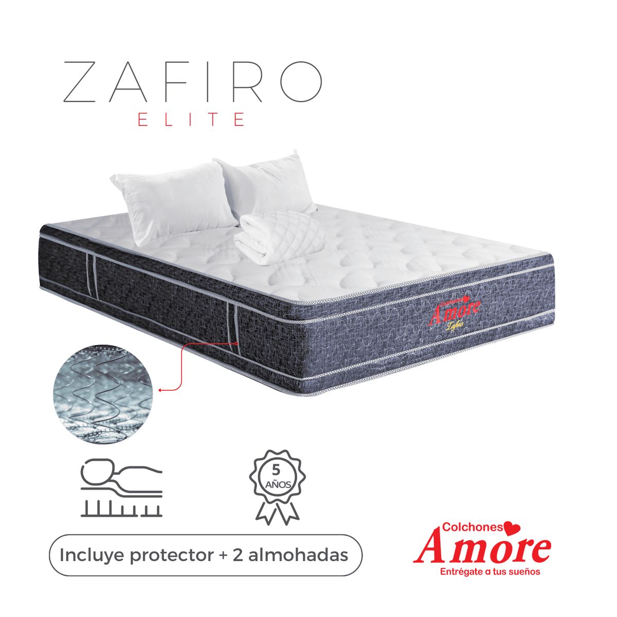 COLCHONES AMORE - Colchón Zafiro Queen Firmeza Suave EuroTop Pocket 160x190 cm+Almohadas+Protector Colchones Amore.