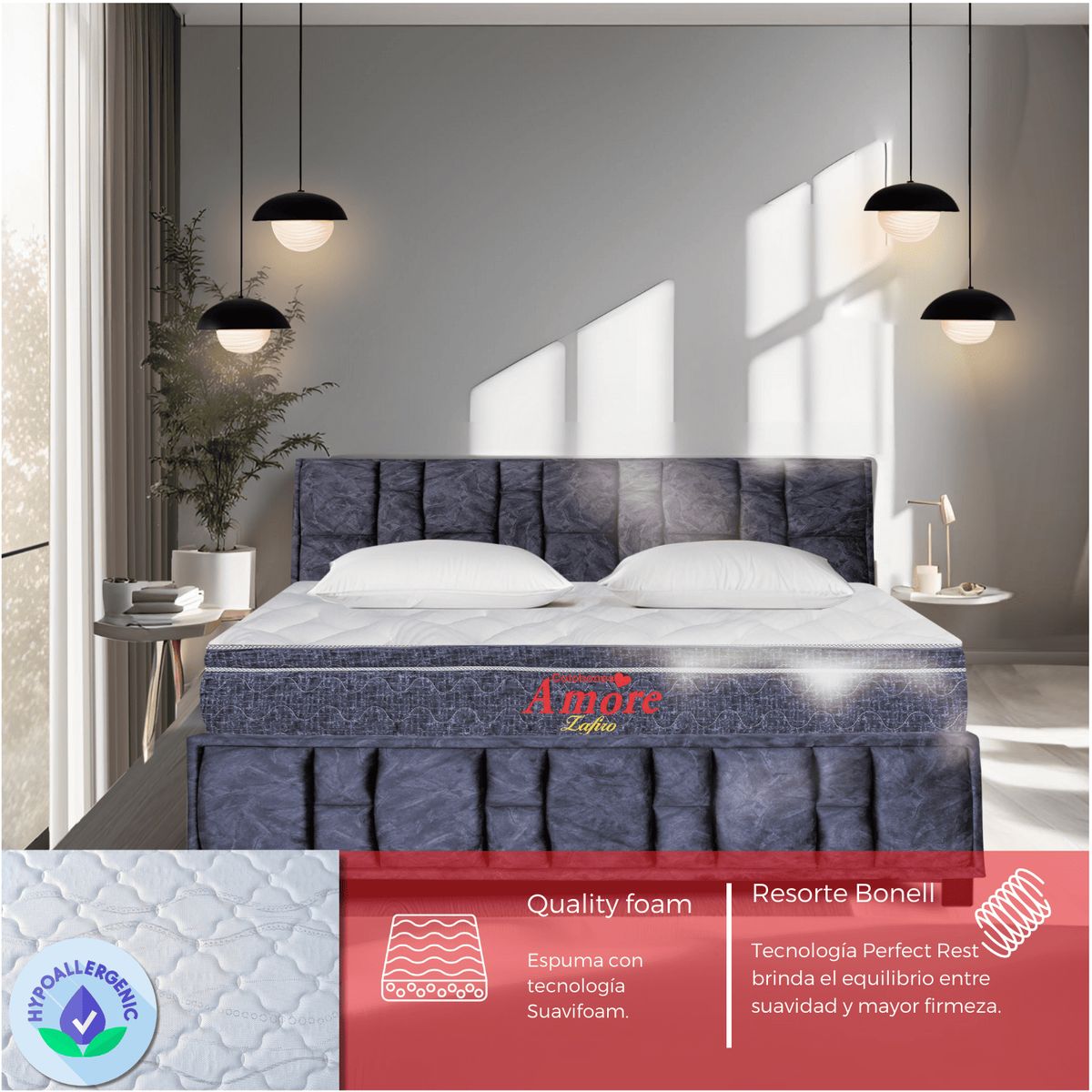 COLCHONES AMORE - Colchón Zafiro Queen Firmeza Suave EuroTop Pocket 160x190 cm+Almohadas+Protector Colchones Amore.