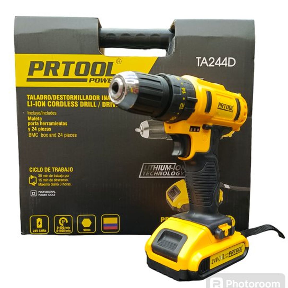 PROTOOL - Taladro Inalámbrico 24v Percutor 2 Baterías Mas Caja Accesorios