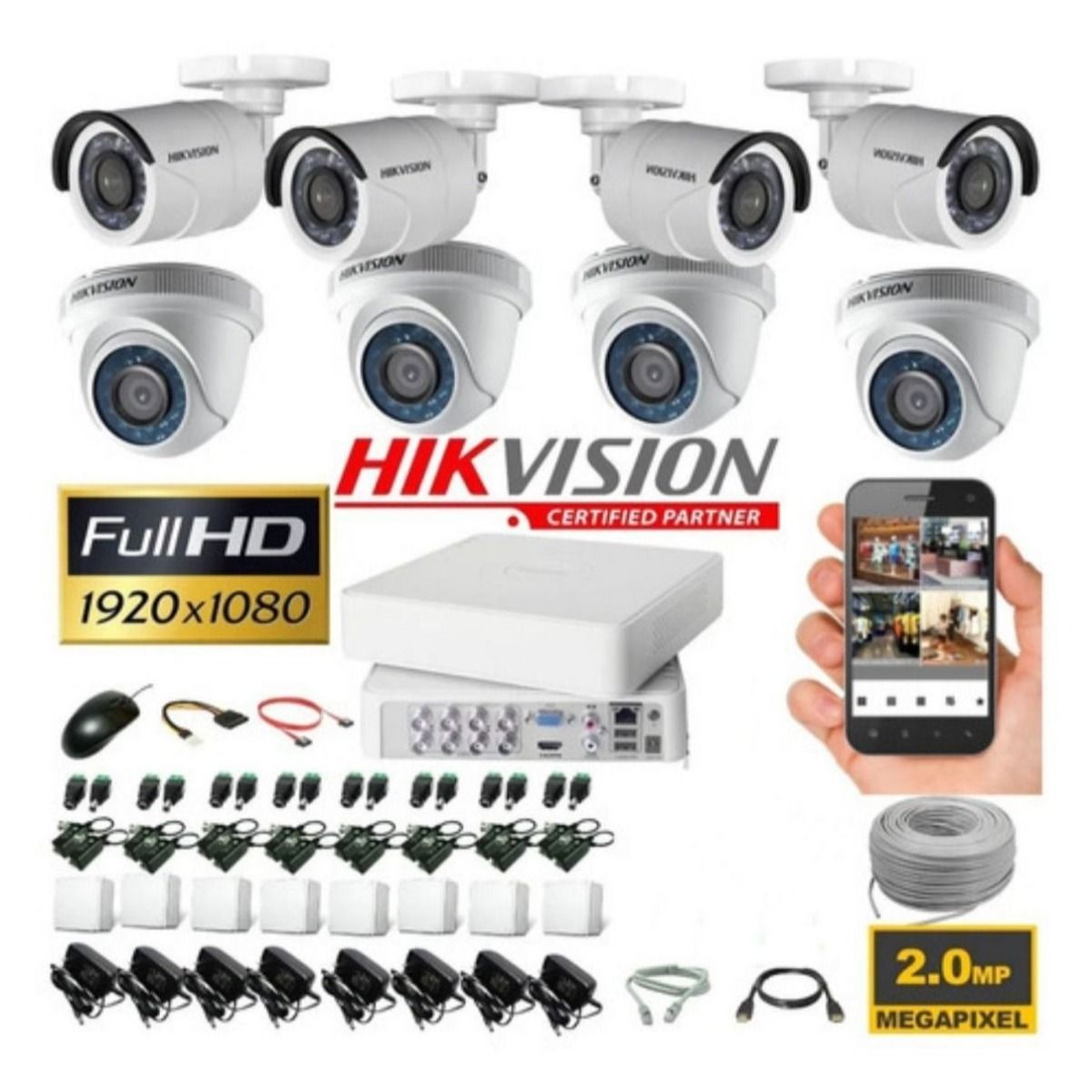 HIKVISION - Kit Hikvision DVR 8ch + 8 Cámaras 1080p + Cable