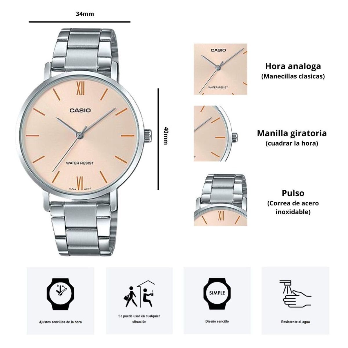 CASIO - Reloj Mujer Casio LTP-VT01D-4B Diseño Elegante