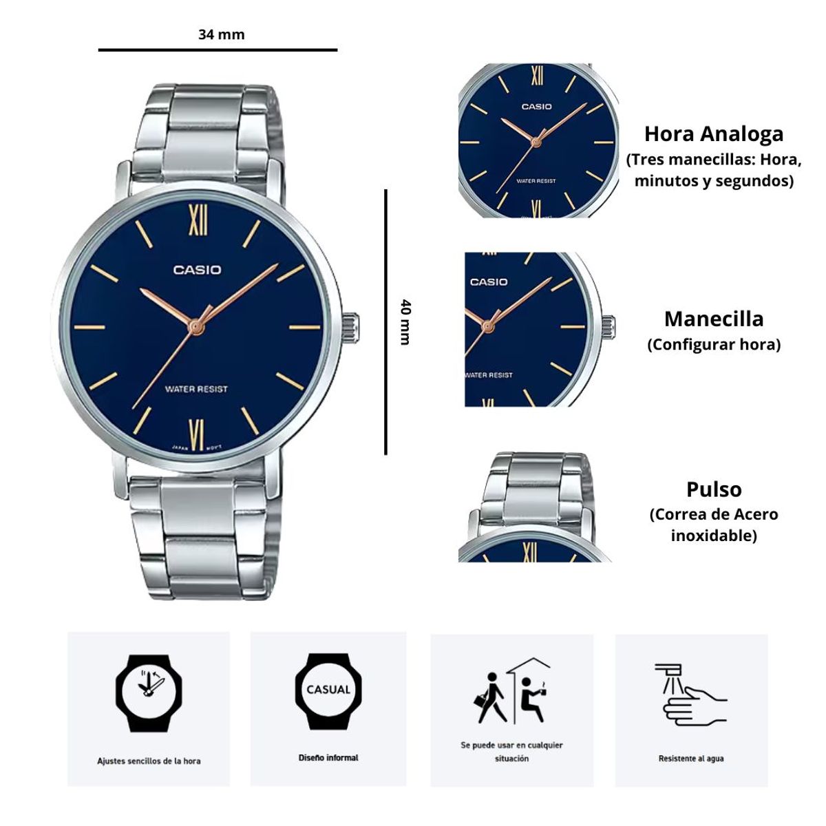 CASIO - Reloj Casio Dama LTP-VT01D-2B Diseño Elegante