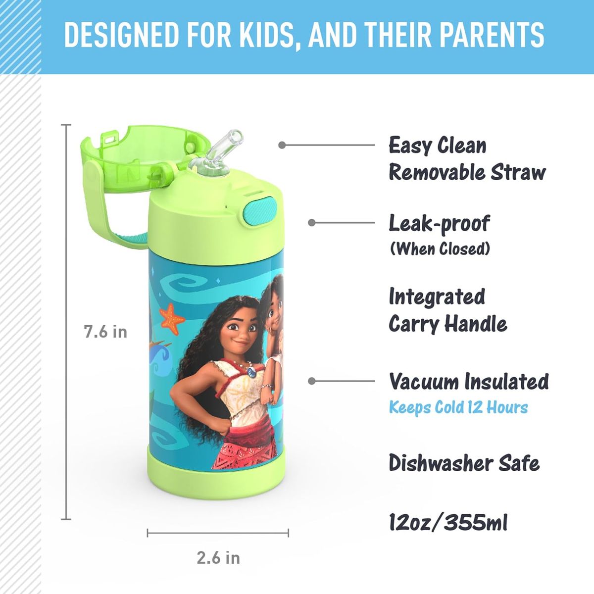 THERMOS - Termo Pitillo Infantil Acero Inoxidable Moana 12 Onz