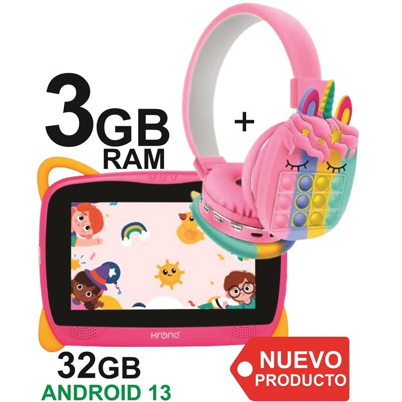 KRONO - Tablet Niños 3GB RAM Android 13 32GB Wifi ROSADO + DIADEMA