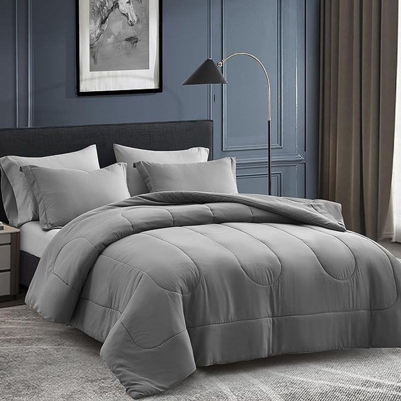 GENERICO - Plumón Edredón Gris Oscuro Cama Matrimonial 5 piezas