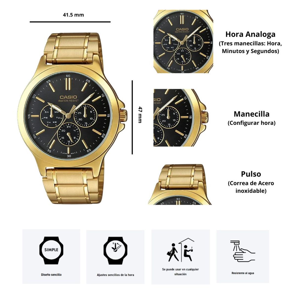CASIO - Reloj Hombre Casio MTP-V300G-1A Diseño Elegante
