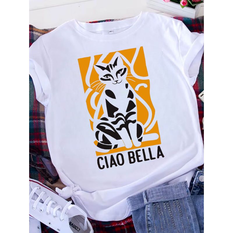 ISMI - Camiseta Mujer Con Estilo Manga Corta Gatito.