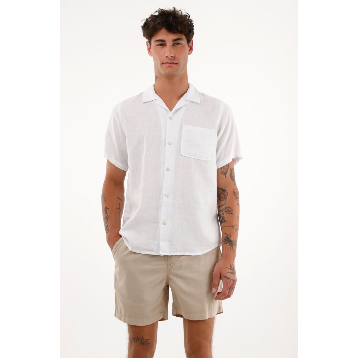TENNIS - Camisa crudo manga corta en 100% lino para hombre