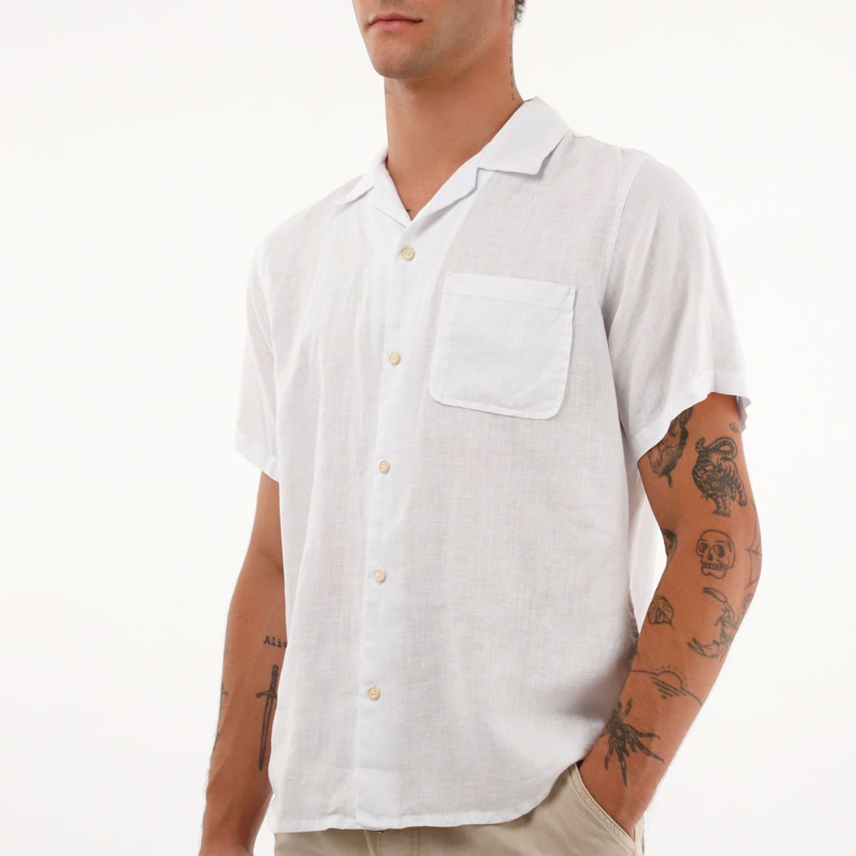 TENNIS - Camisa crudo manga corta en 100% lino para hombre
