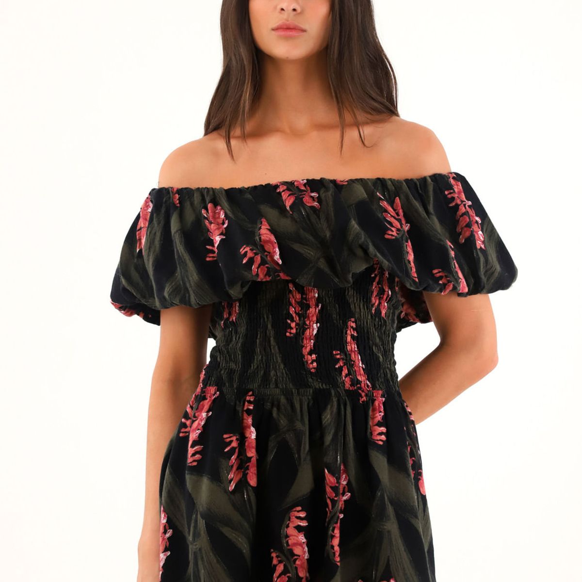 TOPMARK - Vestido corto estampado con escote bandeja para mujer