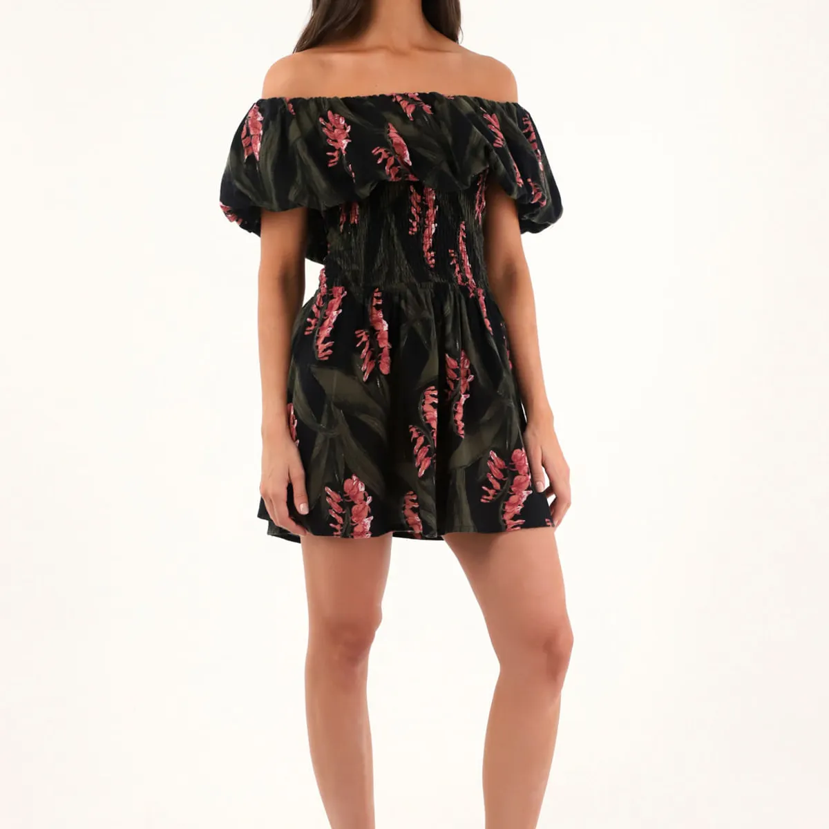 TOPMARK - Vestido corto estampado con escote bandeja para mujer